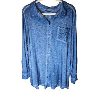 Catherines Woman SZ 2X NWT Button Front Lace Pocket Roll Tab Sleeve Stretch BOHO